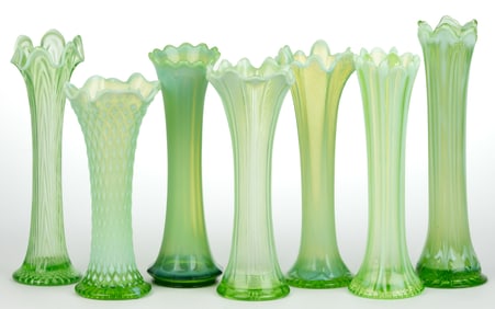 ASSORTED OPALESCENT GLASS SWUNG VASES, LOT OF SEVEN