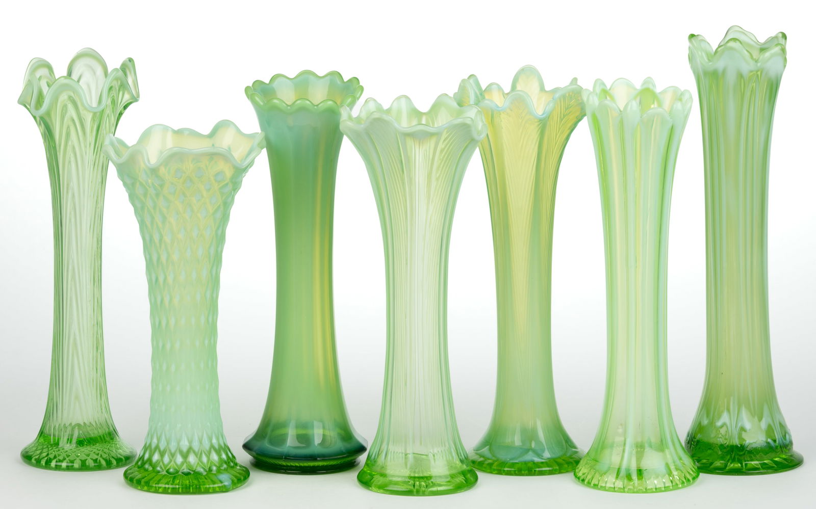 ASSORTED OPALESCENT GLASS SWUNG VASES, LOT OF SEVEN (1 of 1)