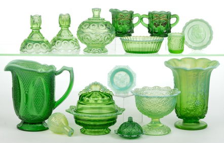 ASSORTED REPRODUCTION OPALESCENT PRESSED GLASS ARTICLES, LOT OF 15