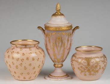 CAMBRIDGE CROWN TUSCAN GILT-DECORATED ARTICLES, LOT OF THREE