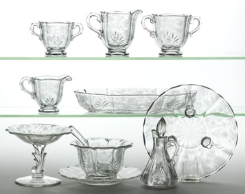 FOSTORIA CHINTZ BAROQUE SHAPE ETCHED CRYSTAL GLASS ARTICLES, LOT OF 11