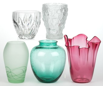 ASSORTED BLOWN AND PRESSED GLASS VASES, LOT OF FIVE