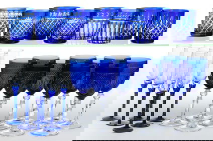 ASSORTED VINTAGE BLUE GLASS DRINKING VESSELS, LOT OF 24