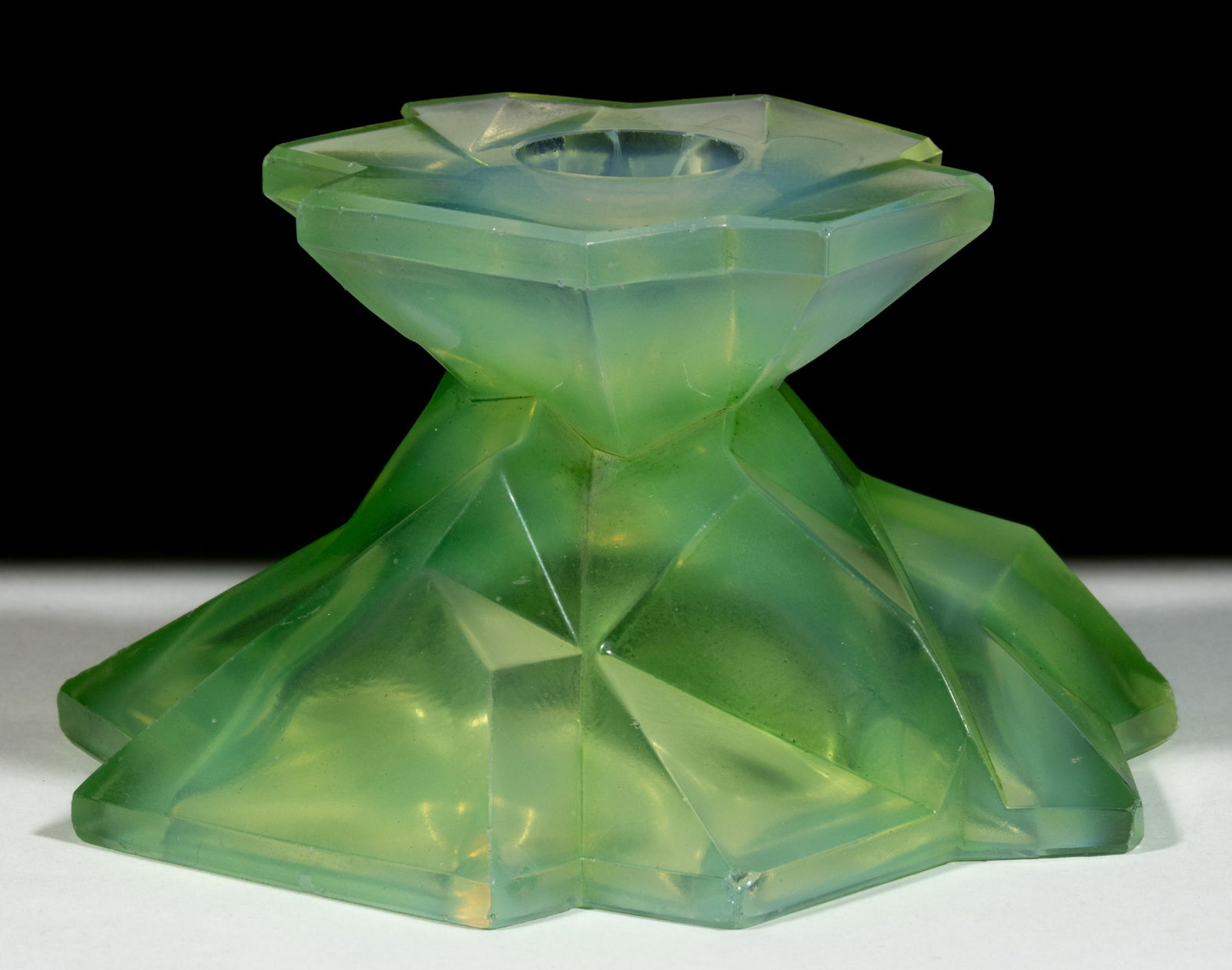 CONSOLIDATED RUBA ROMBIC CANDLESTICK HOLDER: CONSOLIDATED GLASS RUBA ROMBIC CANDLESTICK HOLDER, jade, with factory polished rim and base. Consolidated Lamp & Glass Co. Circa 1920. 2 5/8" H.Literature: Parallels Wilson - Phoeni