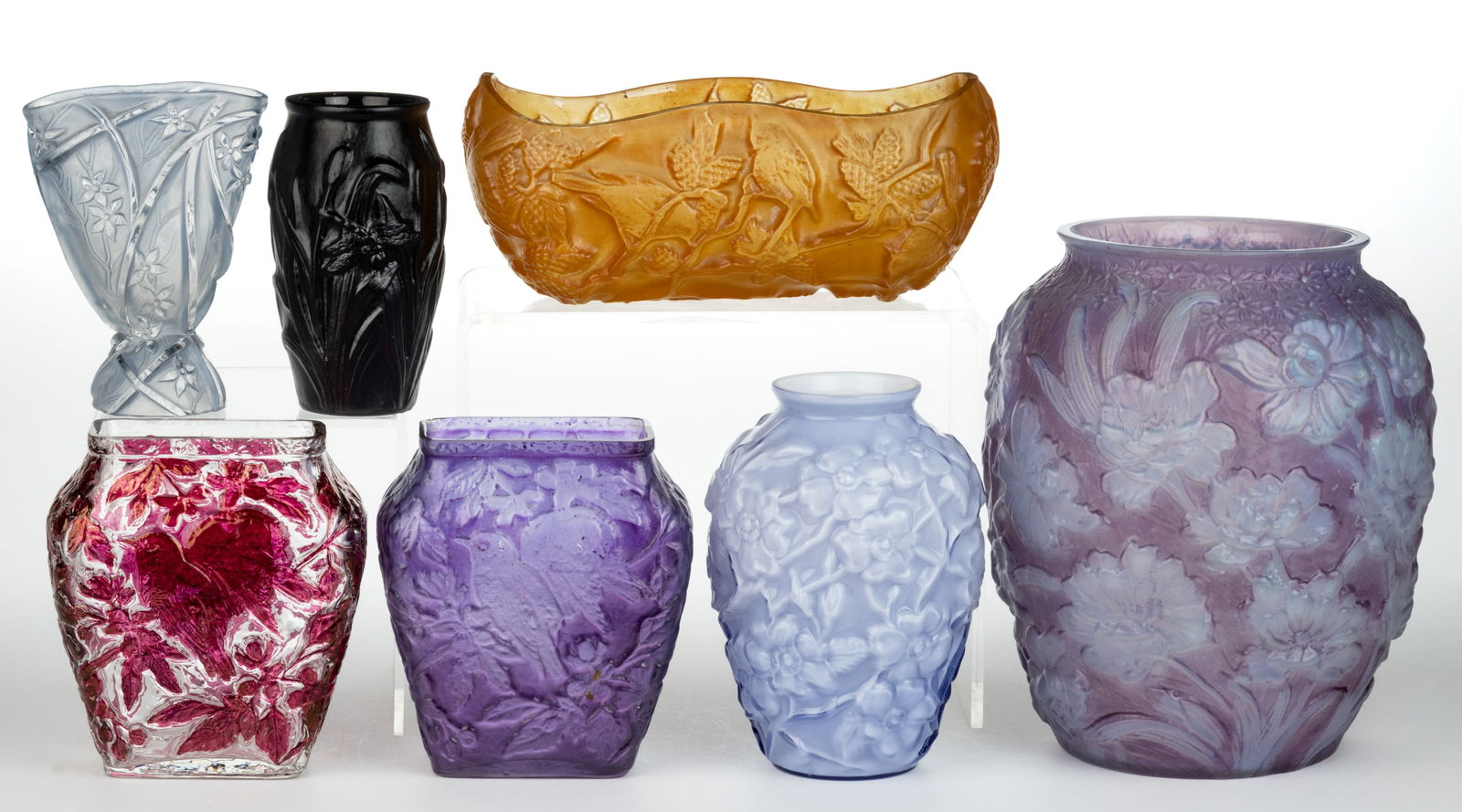 CONSOLIDATED ART GLASS VASES, LOT OF SEVEN: CONSOLIDATED ART GLASS VASES, LOT OF SEVEN, frosted colorless with various colored grounds, including two Chickadee, a Dragonfly, a Love Bird nuthatch planter vase, a purple cased
