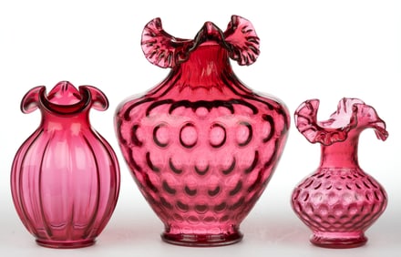 ASSORTED FENTON CRANBERRY / RUBY GLASS VASES, LOT OF THREE