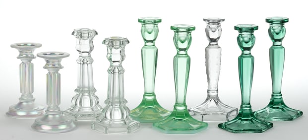ASSORTED FENTON AND OTHERS GLASS CANDLESTICKS, LOT OF NINE