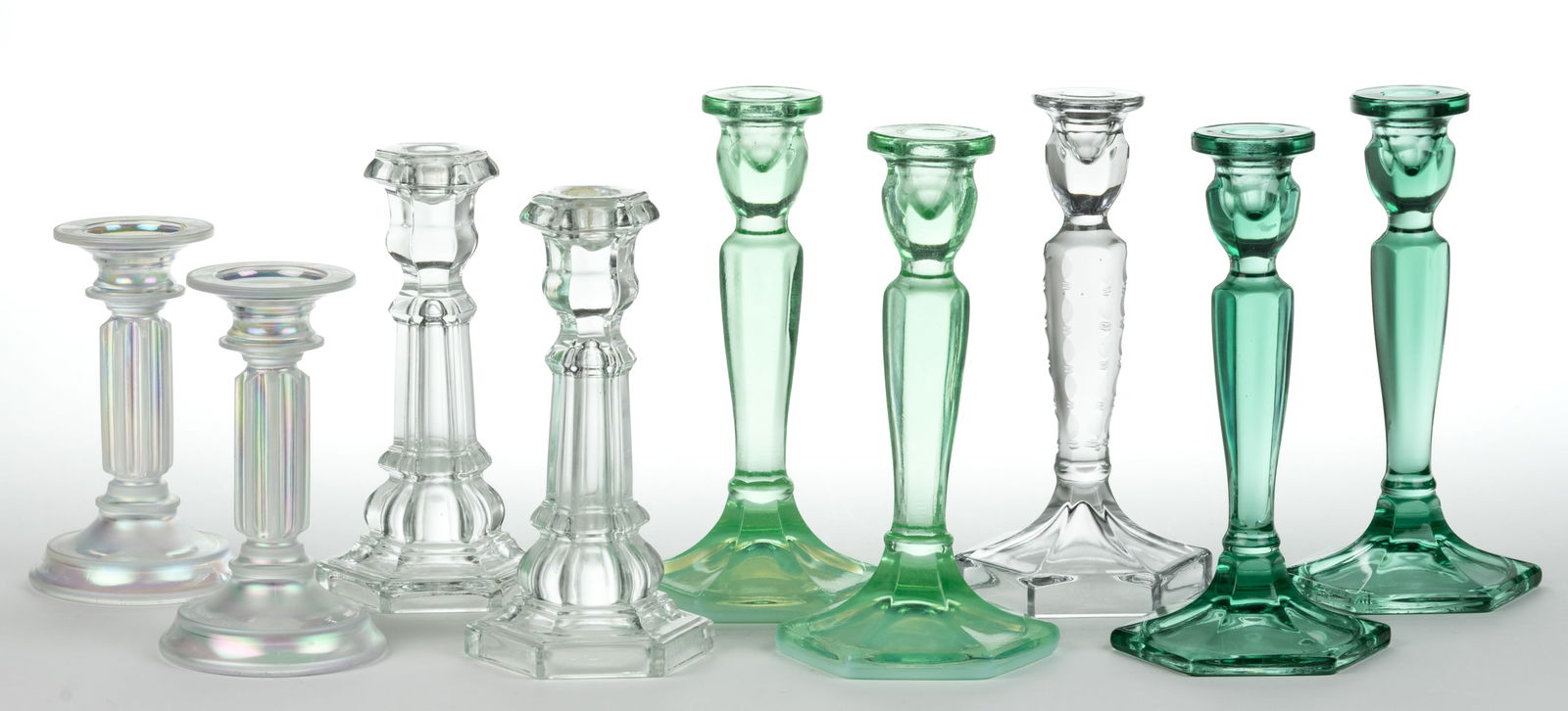 ASSORTED FENTON AND OTHERS GLASS CANDLESTICKS, LOT OF NINE (1 of 1)