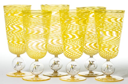 GERMAN ART GLASS BIMINI-TYPE POLO MATCH ALE / COCKTAIL GLASSES, SET OF SIX