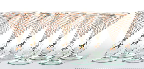 GERMAN ART GLASS BIMINI-TYPE POLO MATCH / FOX HUNT WINE / COCKTAIL GLASSES, ASSEMBLED SET OF EIGHT