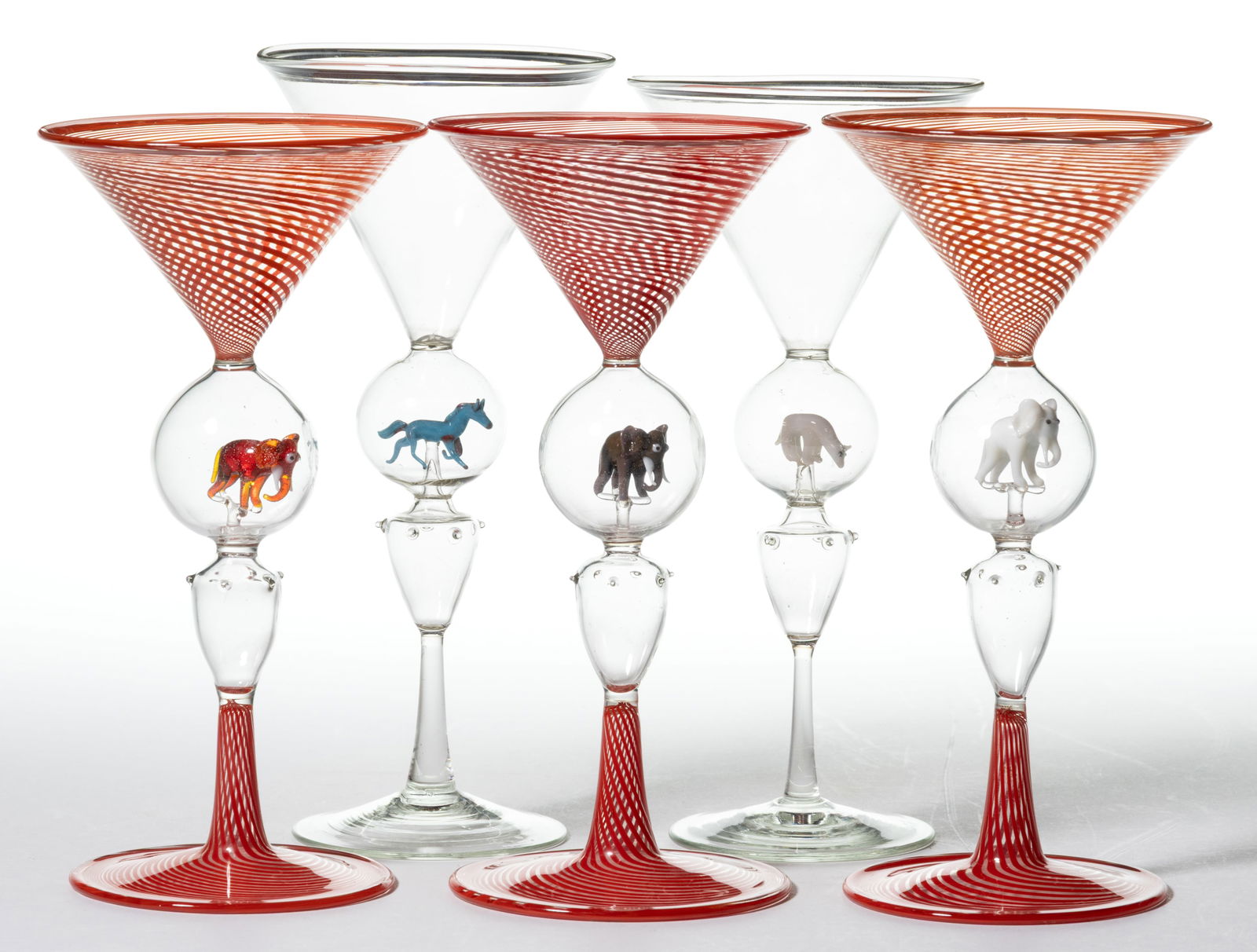 GERMAN ART GLASS BIMINI-TYPE MARTINI / COCKTAIL GLASSES, LOT OF FIVE (1 of 1)