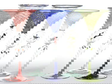 GERMAN ART GLASS BIMINI-TYPE MARTINI / COCKTAIL GLASSES, LOT OF FIVE