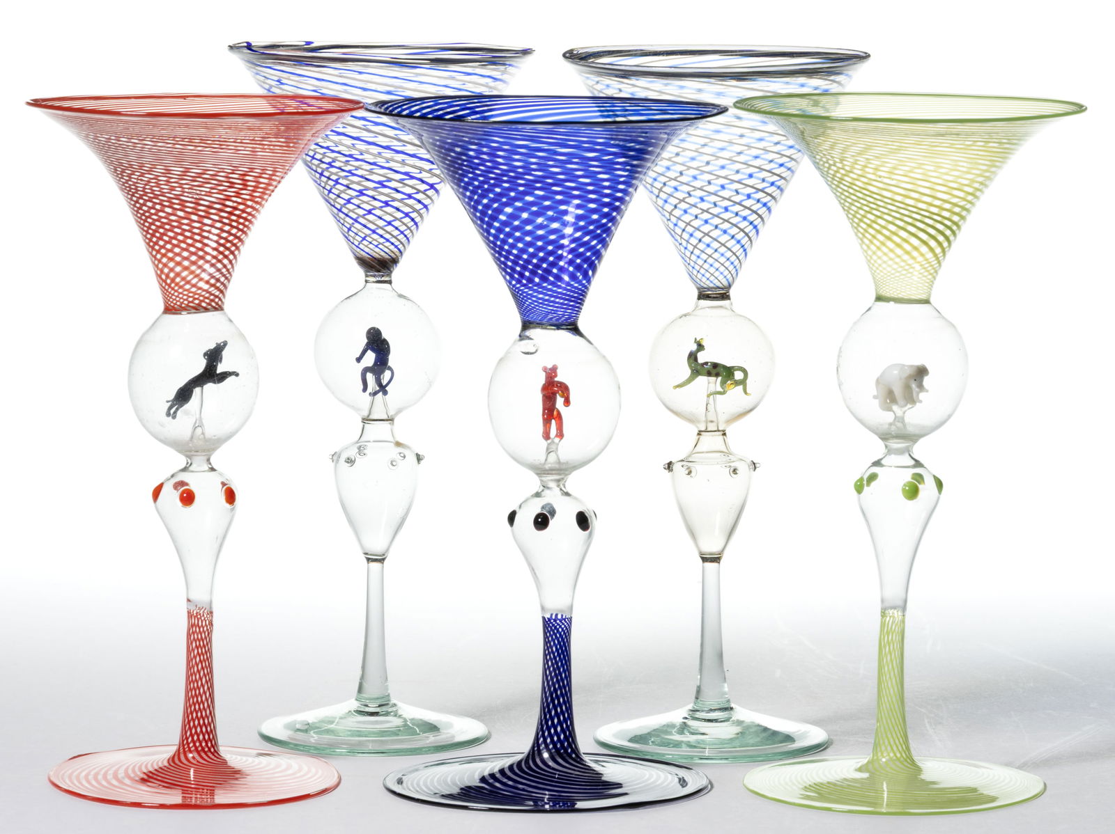 GERMAN ART GLASS BIMINI-TYPE MARTINI / COCKTAIL GLASSES, LOT OF FIVE (1 of 1)