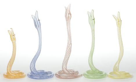 GERMAN ART GLASS BIMINI-TYPE SNAKE BUD VASES, LOT OF FIVE