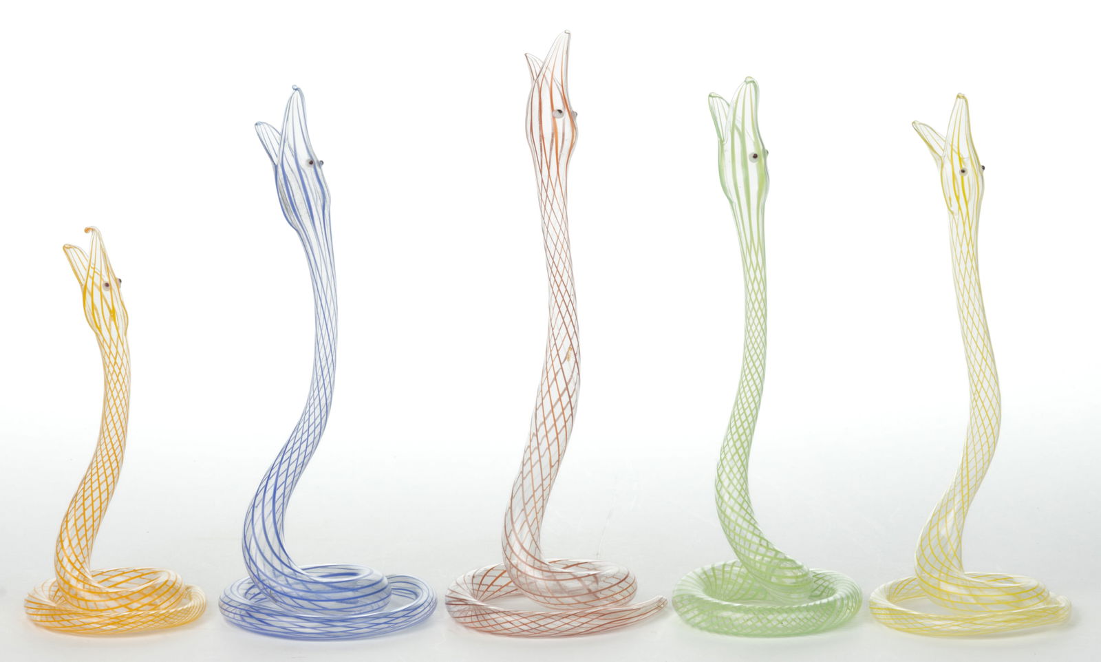 GERMAN ART GLASS BIMINI-TYPE SNAKE BUD VASES, LOT OF FIVE (1 of 1)