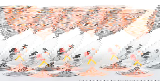 GERMAN ART GLASS BIMINI-TYPE ROOSTER COCKTAIL GLASSES / COUPES, SET OF SIX