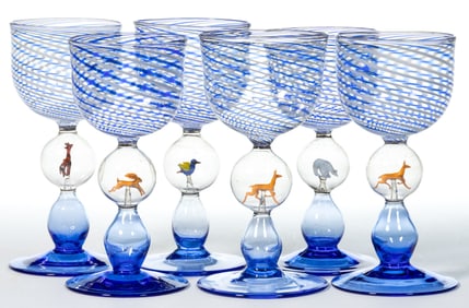 GERMAN ART GLASS BIMINI-TYPE WINE / COCKTAIL GLASSES, SET OF SIX