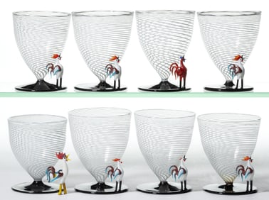 GERMAN ART GLASS BIMINI-TYPE ROOSTER JUICE / COCKTAIL GLASSES, ASSEMBLED SET OF EIGHT