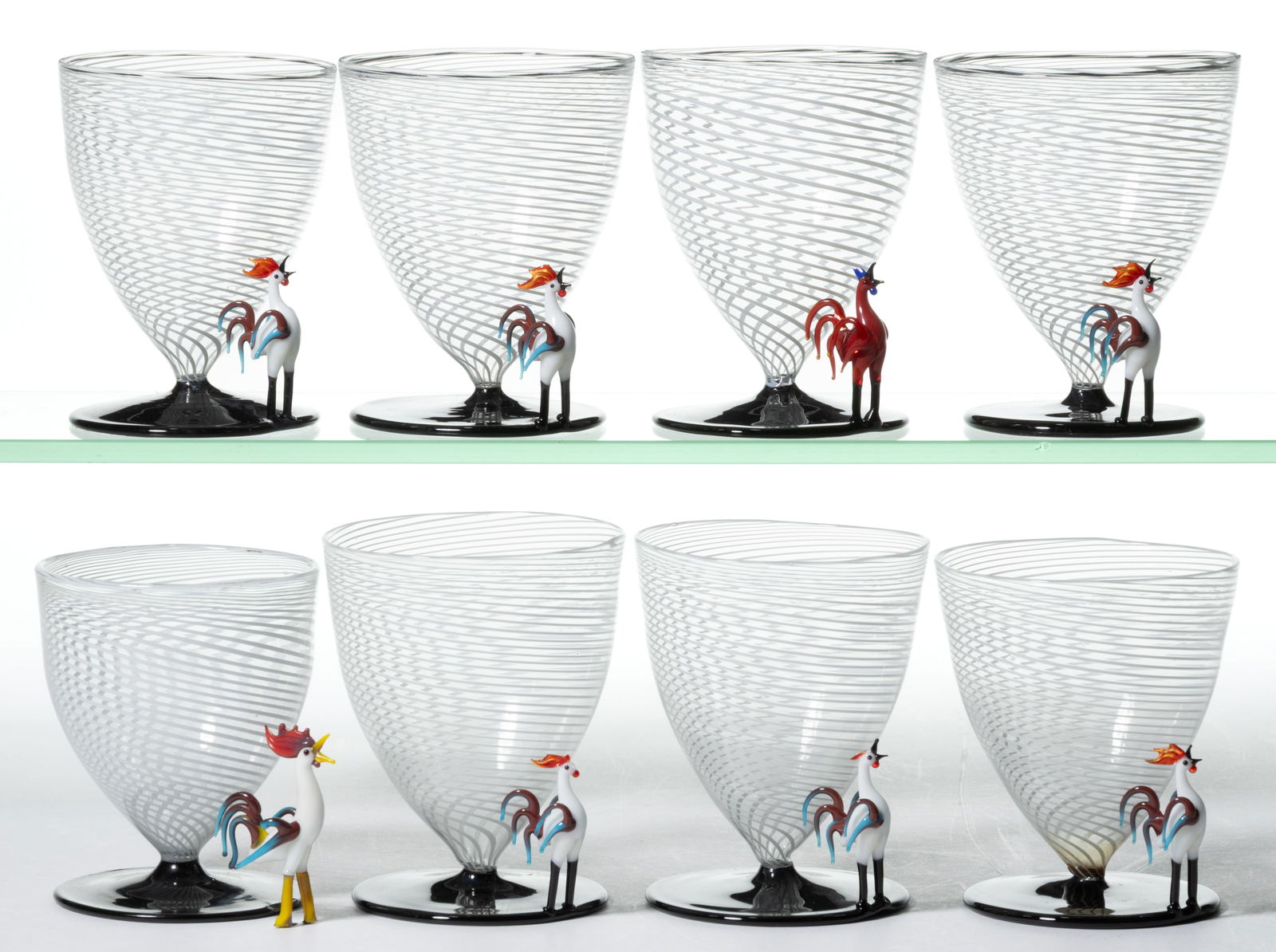GERMAN ART GLASS BIMINI-TYPE ROOSTER JUICE / COCKTAIL GLASSES, ASSEMBLED SET OF EIGHT (1 of 1)