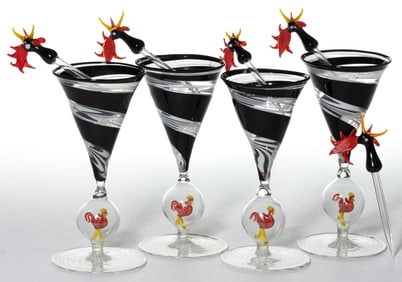 GERMAN ART GLASS BIMINI-TYPE ROOSTER WINE / COCKTAIL GLASSES AND COCKTAIL PICKS, ASSEMBLED SET OF