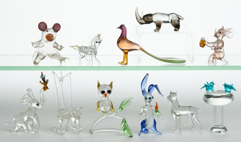 ASSORTED GERMAN AND OTHER ART GLASS BIMINI-TYPE FIGURES, LOT OF 11