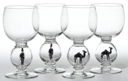 GERMAN ART GLASS BIMINI-TYPE WINE / COCKTAIL GOBLETS, SET OF FOUR