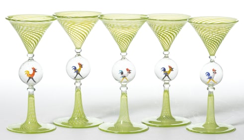 GERMAN ART GLASS BIMINI-TYPE CHICKEN / ROOSTER CORDIAL GLASSES, SET OF FIVE