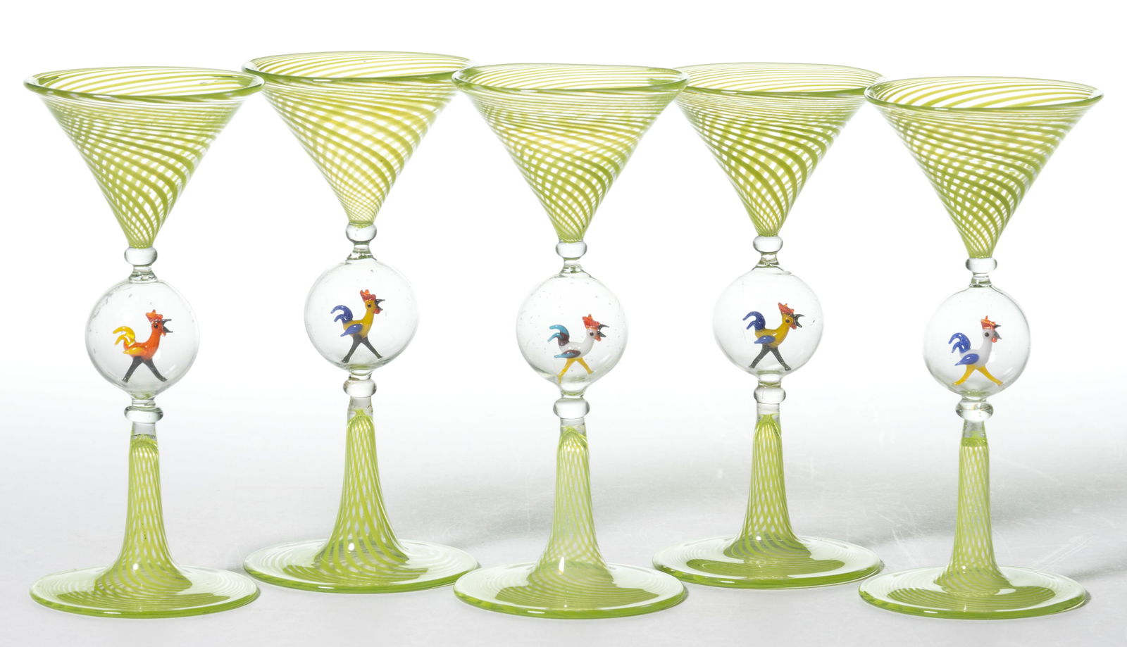 GERMAN ART GLASS BIMINI-TYPE CHICKEN / ROOSTER CORDIAL GLASSES, SET OF FIVE (1 of 1)