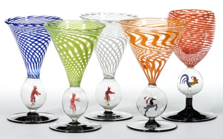 GERMAN ART GLASS BIMINI-TYPE COCKTAIL / WINE GLASSES, LOT OF FIVE