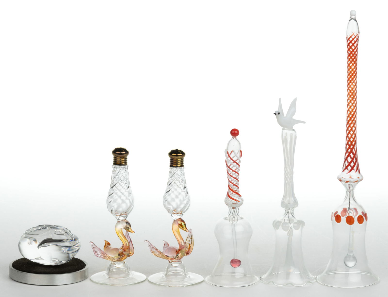 GERMAN ART GLASS BIMINI-TYPE AND OTHER ARTICLES, LOT OF SIX: GERMAN ART GLASS BIMINI-TYPE AND OTHER ARTICLES, LOT OF SIX, red/orange and opaque white on colorless, and colorless, comprising a bell with a dove on top, a bell with an orange swirled handle, a