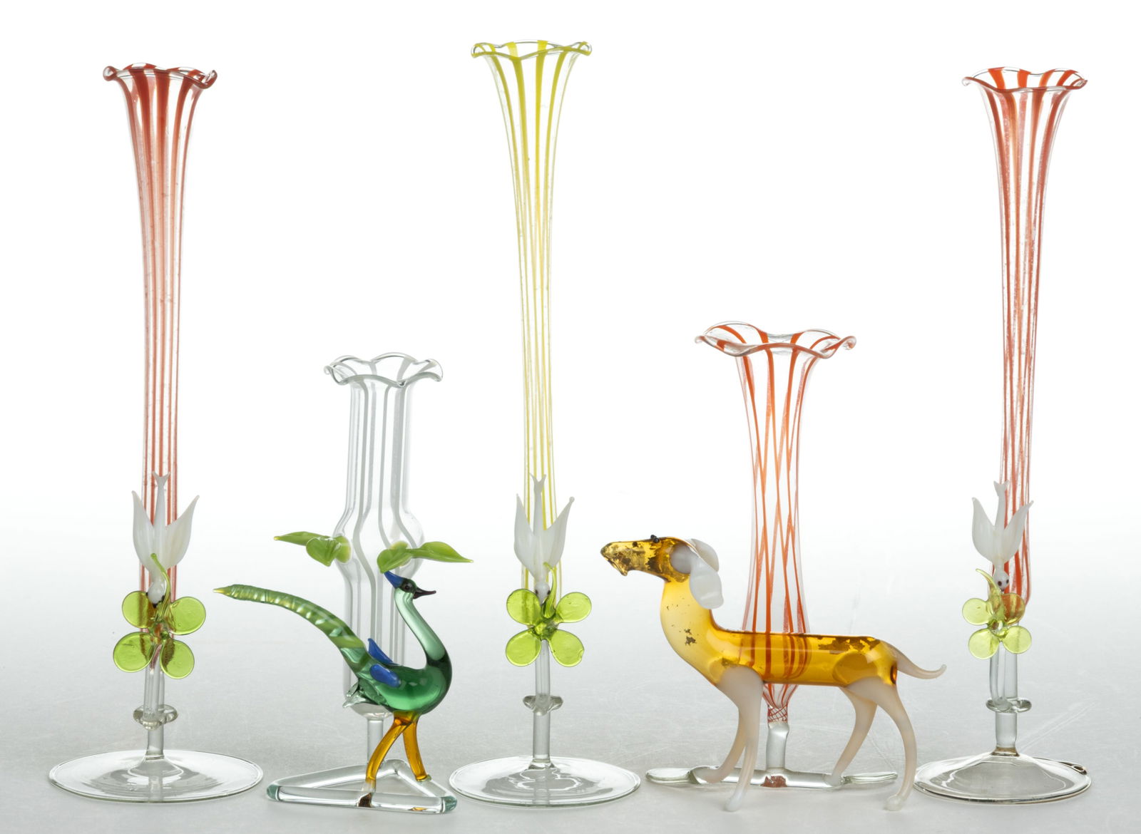 GERMAN ART GLASS BIMINI-TYPE BUD VASES, LOT OF FIVE (1 of 1)