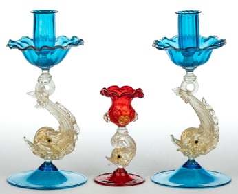 MURANO / VENETIAN AVENTURINE-DECORATED DOLPHIN-STEM CANDLESTICKS, LOT OF THREE