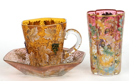MOSER GILT AND ENAMEL-DECORATED DRINKING ART GLASS ARTICLES, LOT OF TWO