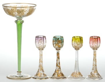 MOSER ATTRIBUTED GILT AND ENAMEL DECORATED DRINKING ARTICLES, LOT OF FIVE