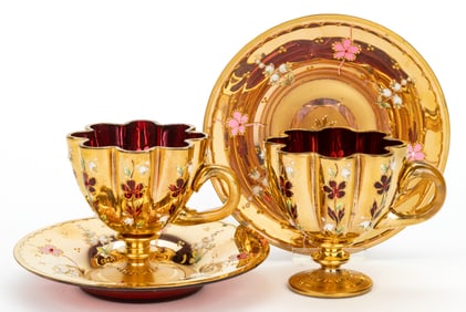 BOHEMIAN MOSER-STYLE CUP AND SAUCER, PAIR