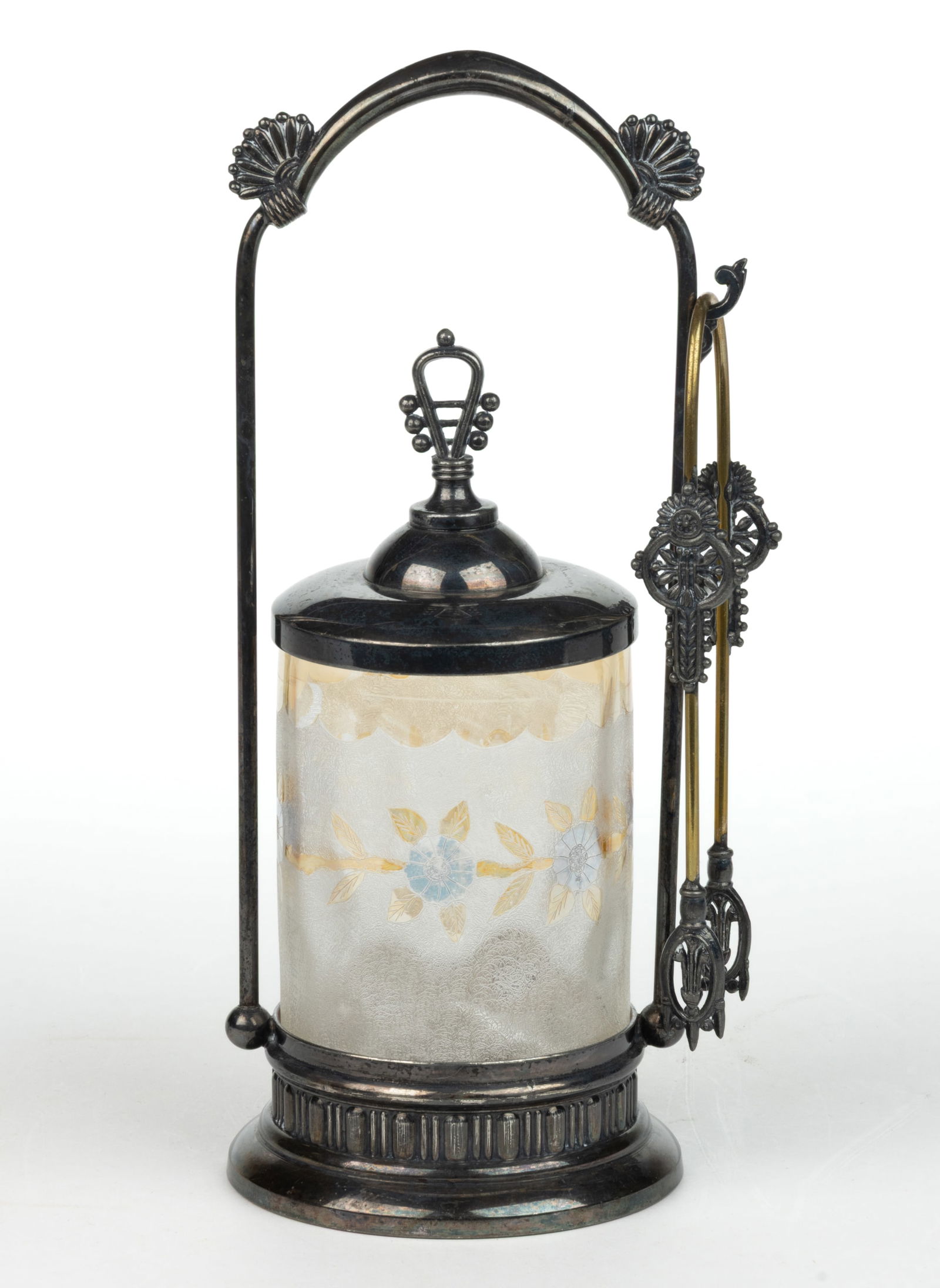 POMONA CORNFLOWER - FIRST-PATENT ETCHING ART GLASS PICKLE CASTOR: POMONA CORNFLOWER - FIRST-PATENT ETCHING ART GLASS PICKLE CASTOR, colorless with amber and blue iridescence, cylindrical Dot-Optic jar with etched decoration and polished pontil mark, fitted into its&