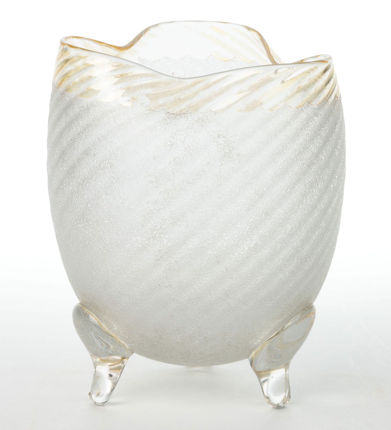 POMONA RARE - FIRST-PATENT ETCHING ART GLASS VASE: POMONA RARE - FIRST-PATENT ETCHING ART GLASS VASE, colorless with amber iridescence, ovoid, rare, Swirled Rib-Optic molded form with three-part rim, three applied peg feet, and polished pontil mark. N