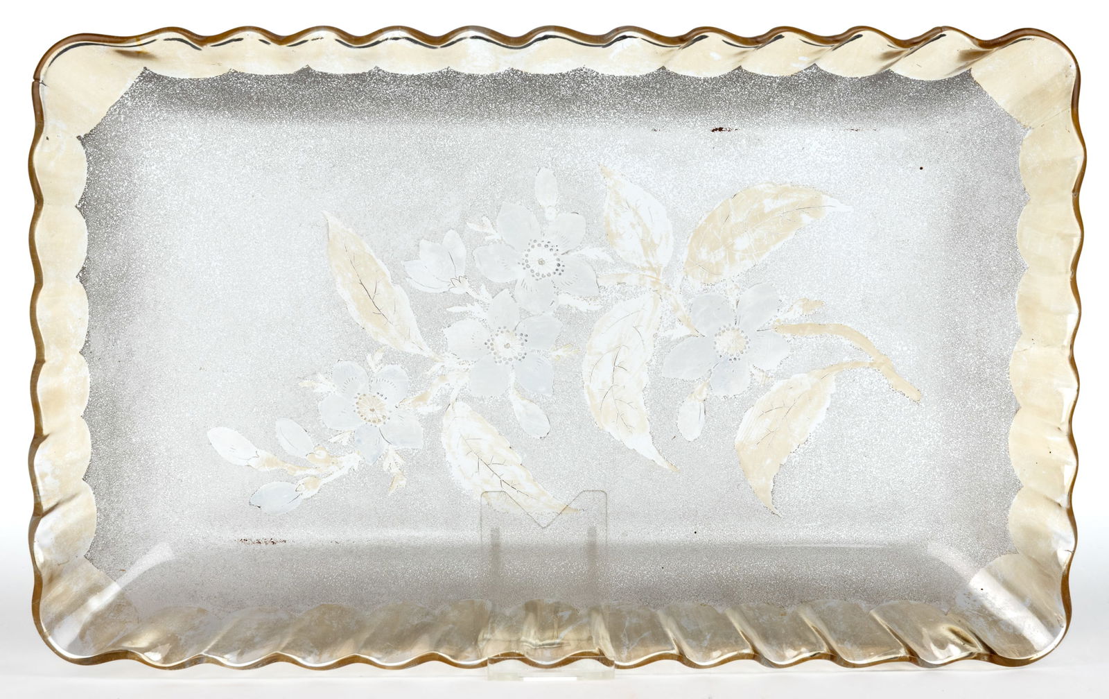 POMONA WILD ROSE- SECOND-PATENT ETCHING ART GLASS ICE CREAM TRAY: POMONA WILD ROSE - SECOND-PATENT ETCHING ART GLASS ICE CREAM TRAY, colorless with remnants of amber iridescence, rectangular form with ruffled rim and etched decoration to the center showing trac