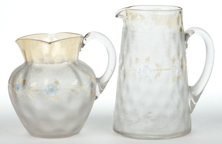 POMONA CORNFLOWER - FIRST-PATENT ETCHING ART GLASS SMALL PITCHERS, LOT OF TWO
