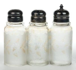 POMONA CORNFLOWER - ASSORTED ETCHING ART GLASS SALT / PEPPER SHAKERS, LOT OF THREE