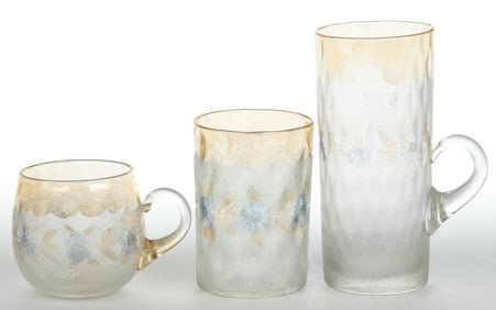 POMONA CORNFLOWER - FIRST-PATENT ETCHING ART GLASS ARTICLES, LOT OF THREE