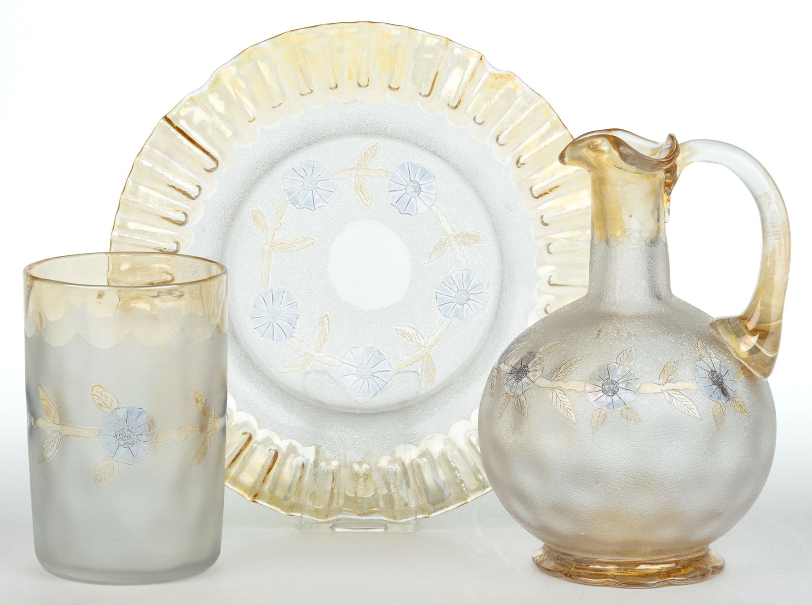 POMONA CORNFLOWER - SECOND-PATENT ETCHING ART GLASS ARTICLES, LOT OF THREE (1 of 1)