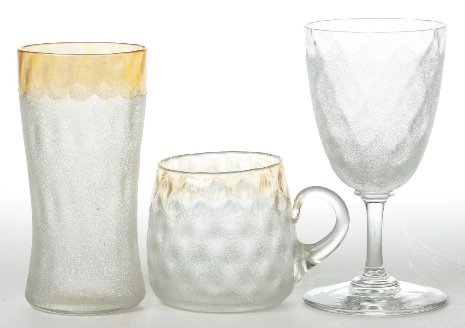 POMONA - FIRST-PATENT ETCHING ART GLASS DRINKING VESSELS, LOT OF THREE (1 of 1)