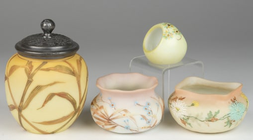 ASSORTED MT. WASHINGTON ENAMEL-DECORATED ART GLASS ARTICLES, LOT OF FOUR