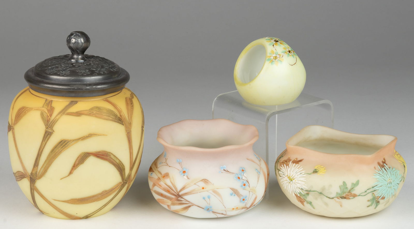 ASSORTED MT. WASHINGTON ENAMEL-DECORATED ART GLASS ARTICLES, LOT OF FOUR (1 of 1)