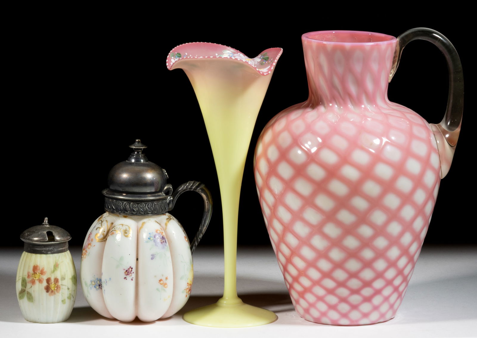 MT. WASHINGTON AND RELATED GLASS ARTICLES, LOT OF FOUR: MT. WASHINGTON AND RELATED GLASS ARTICLES, LOT OF FOUR, including a Mt. Washington Colonial polychrome-enamel decorated syrup pitcher and a Pairpoint decorated glossy Peachblow lily vase. Mt. Washingt