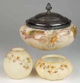 SMITH BROTHERS ENAMEL-DECORATED OPAL ART GLASS ARTICLES, LOT OF THREE