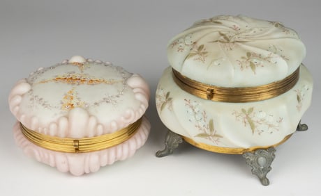 WAVE CREST ENAMEL-DECORATED ART GLASS JEWEL / DRESSER BOXES, LOT OF TWO