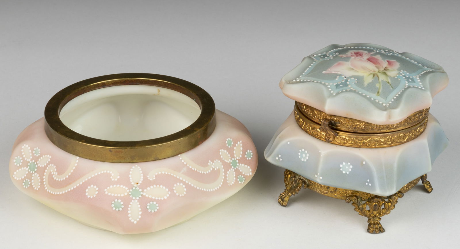 WAVE CREST NAKARA ENAMEL-DECORATED ART GLASS DRESSER BOXES / VANITY ARTICLES, LOT OF TWO: WAVE CREST NAKARA ENAMEL-DECORATED ART GLASS DRESSER BOXES / VANITY ARTICLES, LOT OF TWO, satin-finish opaque white with polychrome-enamel decoration, comprising an open-topped Nakara "Bishop'