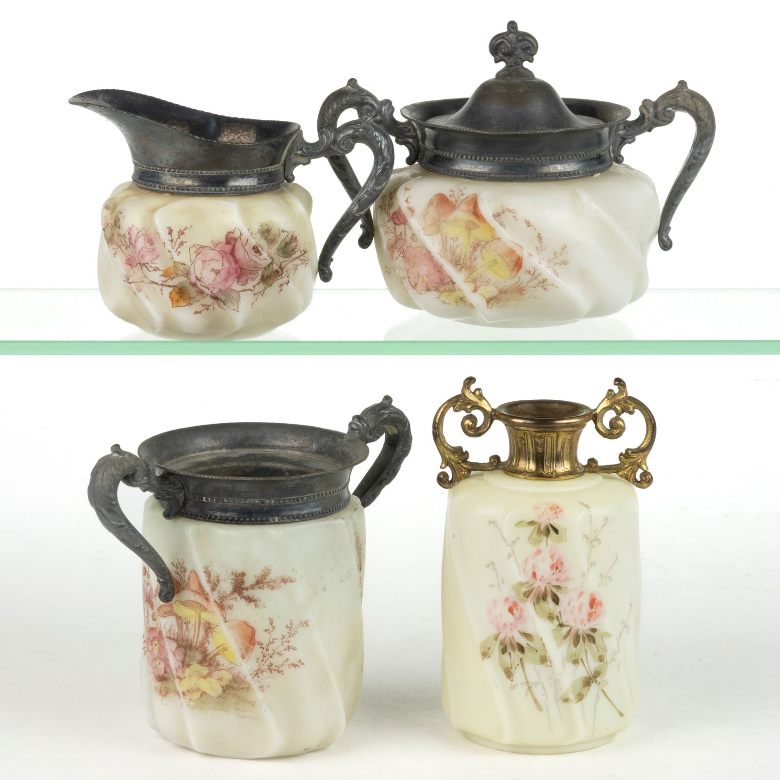 WAVE CREST ENAMEL-DECORATED ART GLASS ARTICLES, LOT OF FOUR: WAVE CREST ENAMEL-DECORATED ART GLASS ARTICLES, LOT OF FOUR, opaque white with polychrome-enamel transfer print decoration, comprising an Erie twist covered sugar dish and spooner with toadstool